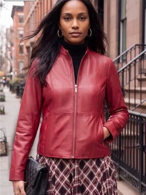 Jessica London Classic Red Leather Zip-Front Jacket